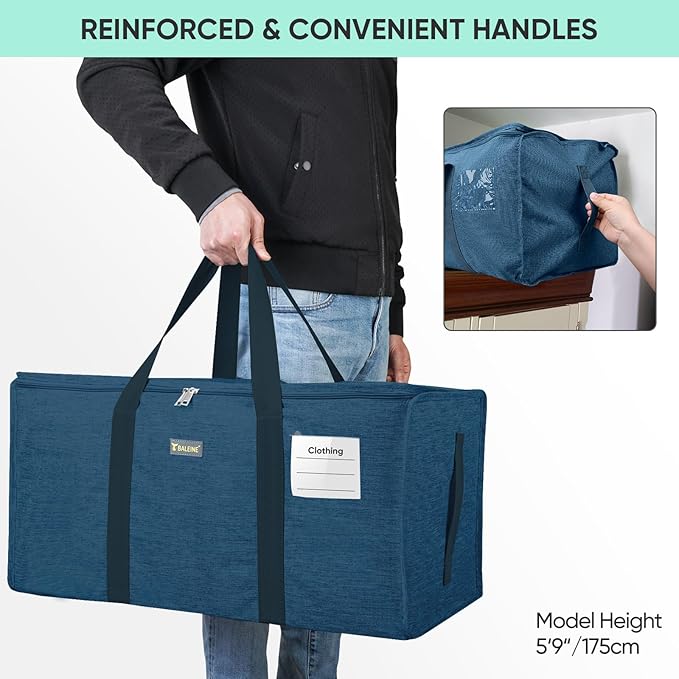 BALEINE Extra Large Storage Tote with Zippers & Carrying Handles, Heavy-Duty Oxford Fabric Moving Bags for Laundry, Space Saving, Storage, Denim Blue