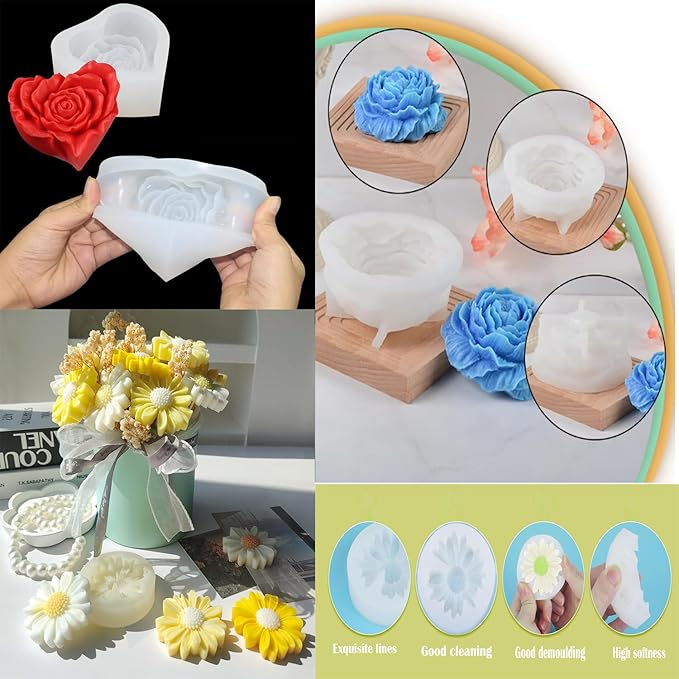 Candle Molds for Candle Making,Flower Molds Silicone Candle Molds for DIY Scented Candle,Soap Candle Making Kit,Soy Wax,Cake, Resin Casting Craft Making-3 Pack