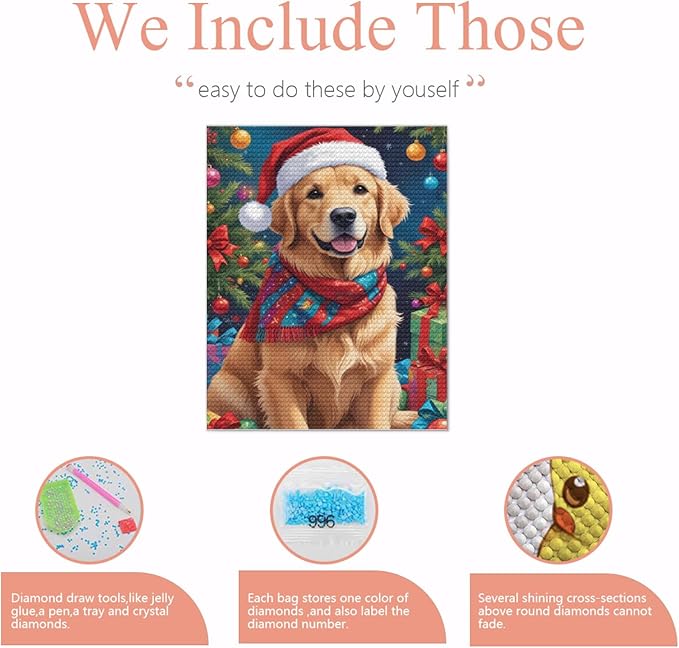 QZOTRXI 5D Dog Santa Hat Diamond Painting Kits for Adults, Full Drill Diamond Art Gift, DIY Christmas Dog Gem Pictures Paint Diamond Art Craft for Home Wall Decor 20x24 Inch