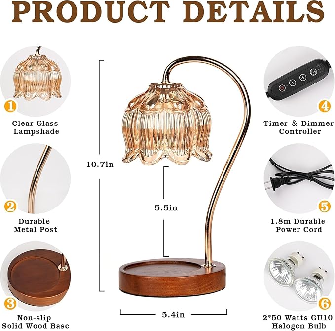 Funistree Flower Candle Warmer Lamp 2 Pack, Candle Lamp with Timer, Mothers Day Birthday Gifts for Women Mom, Lamp Candle Warmer for Jar Candles, Home Decor, 4 Bulbs, Amber