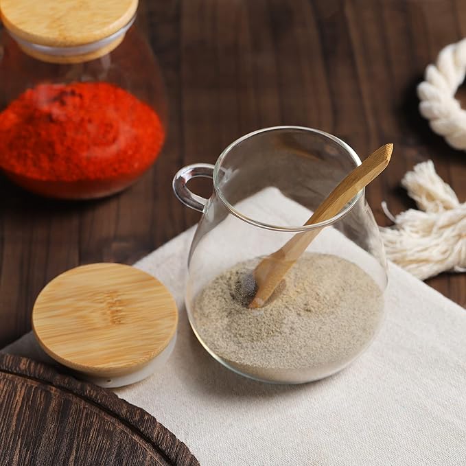 Joeyan Glass Jar with Airtight Bamboo Lid and Spoon Attached, 12 oz Salt Sugar Spice Seasoning Container, Clear Condiment Pot, Glass Food Storage Canister for Kitchen Countertop Pantry
