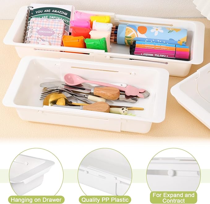 3 PCS Deep Drawer Organizer Bin Adjustable Sliding Drawer Organizers Expandable Kitchen Organizer Trays for Home Office Makeup Storage Tools