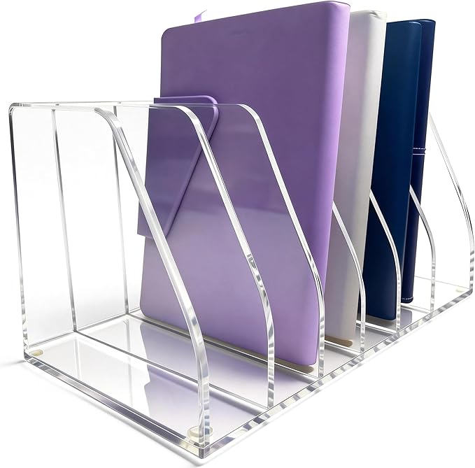 Acrylic Magazine File Holder, 6 Vertical Compartments Desk Document Sorter Organizer, Clear Folder Rack Binder for Office, Documents, Tablets, Magazines, Books – Home/Classroom Rack