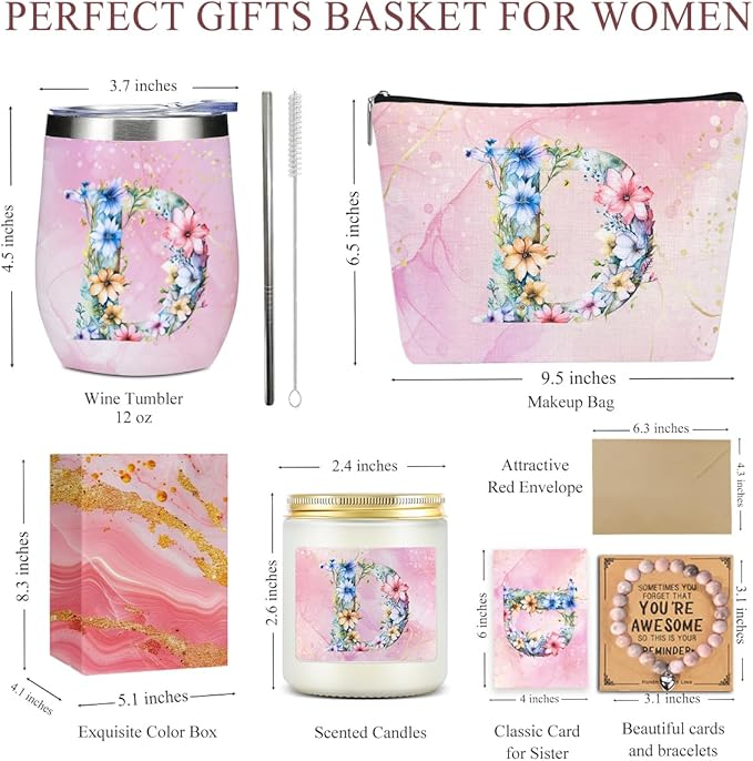 Personalized Gifts Monogrammed Birthday Gifts for Women, Niece Auntie Boss Teacher Appreciation Christmas Initial Wine Tumbler Makeup Bag Scented Candle Bracelet Set, (Aesthetic Pink Flower D)
