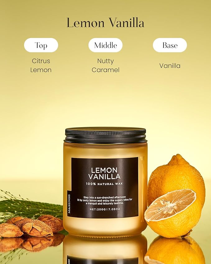 M&SENSE Lemon Vanilla Scented Candles for Home, 7.05oz Natural Soy Wax, 50 Hours Non Toxic Clean Burning, Citrus Smelling Gifts for Relaxation Stress Relief, Home Candle for Women Men