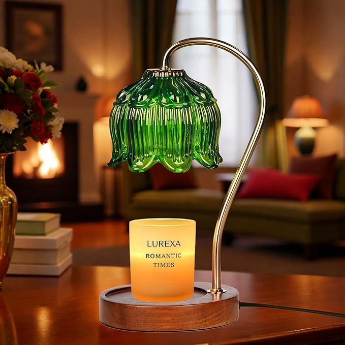 Candle Warmer Lamp with Timer, Dimmable Wax Melt Lamp for Large & Standard Jar Candles, Includes 2 GU10 Bulbs, Elegant Vintage Home Decor Gift for Women & Mom (A1-Green Lotus)