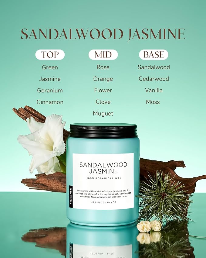 M&SENSE Sandalwood Jasmine Scented Candles for Home, 19.4oz Natural Soy Wax, 110-Hour Long Lasting, Non Toxic Soy Candles Clean Burn, Spring Smelling for Mom, Aromatherapy Gifts for Housewarming