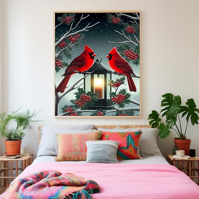GUAIEUW Candle Flame Red Bird Diamond Painting Kit for Adults, Full Round Diamond Cardinal Bird 5D Diamond Painting DIY Art Crafts for Winter Home Wall Decor Holiday Gift 16x24 Inch
