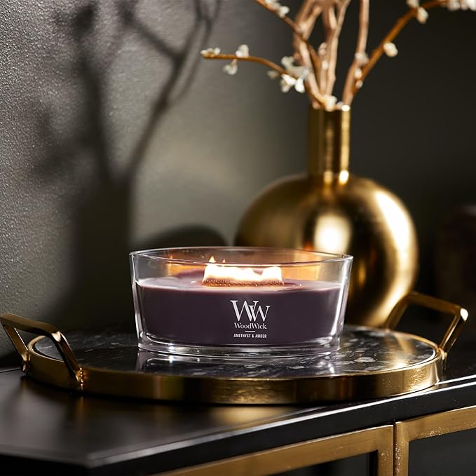 WoodWick Amethyst & Amber Gifts for Women and Men, 16 oz Ellipse Candle with Crackling Wick