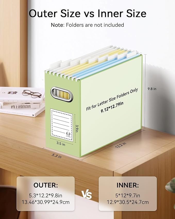 Oterri File Organizer Box, Portable Collapsible Cardboard File Folder Organizer with Handle for Letter Size Hanging Files, Document Storage Box for Home Office & Classroom (6 Packs, Green)