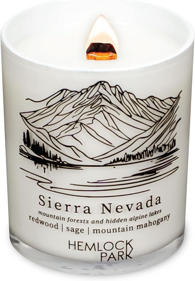 Hemlock Park Travel Inspired Passport Crackling Wood Wick Candle Handcrafted with Natural Plant-Based Coconut Wax (Standard 7.2 oz, Sierra Nevada | Redwood, Sage, Mountain Mahogany)