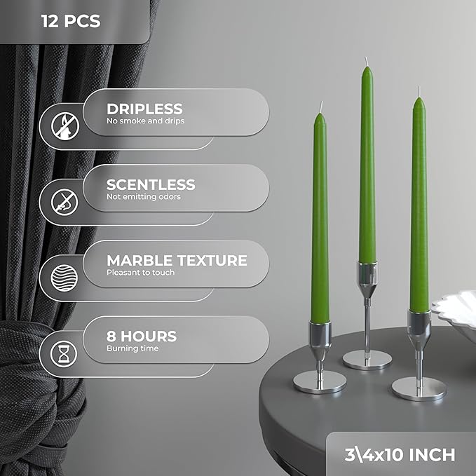 CANDWAX 10 inch Candlesticks Set of 12 - Dripless Taper Candles Perfect for Party or Decor - No Drip Grass Green Candle