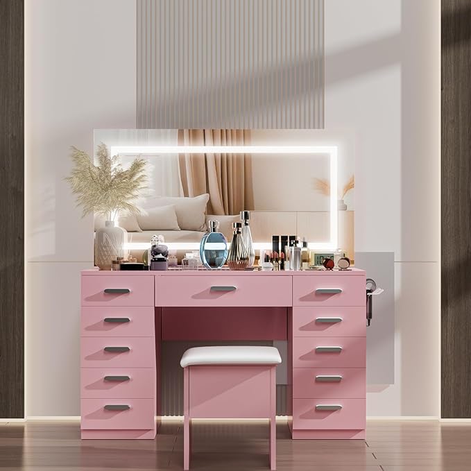 Vanity Desk with Mirror and Lights, 50" Makeup Vanity with Glass Top & Power Outlet, White Vanity with 11 Drawers & 8 Hidden Storage Shelves, 3 LED Lighting Modes Adjustable for Bedroom (PINK)
