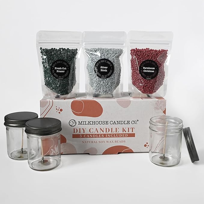 Milkhouse Candle Company Winter DIY Candle Kit - Farmhouse Christmas | Fresh Cut Fraser | Silver Birch Scented Wax Beads - 3 Bags of Scented Beads & 3 Wicked Jars with Lids, Made in the USA