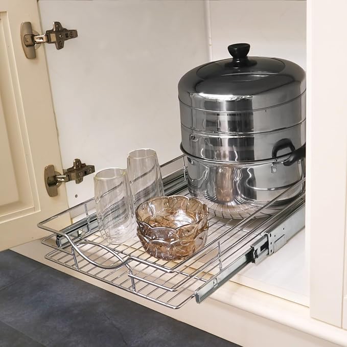 Sikarou Pull Out Cabinet Organizer 23" W x 21" D, Heavy Duty Kitchen Cabinet Pull Out Shelves, Slide Out Wire Basket for Kitchen Cabinets, Bathroom, Pantry, Chrome Finish
