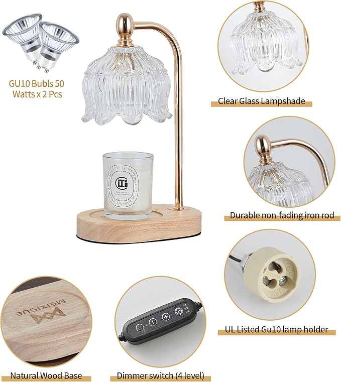 MEIXISUE Candle Warmer Lamp with Timer and Dimmer,Electric Gold Light Gifts for Women Melt Wax Warmer Lamp with 2 Bulbs for Candle Jars House Warming New Home Decor Bedroom