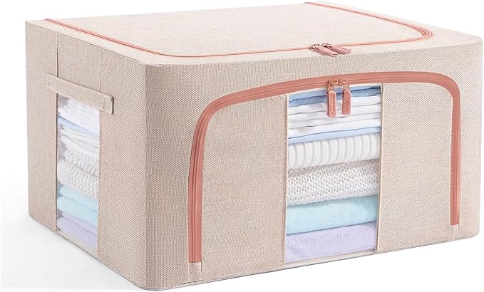 GuliPostan 24L Stackable Clothes Storage Bins with Metal Frame Handles & Zipper, Collapsible Closet Organizer Box with Lid for Bedding Blankets Towel (Beige,1 pack)
