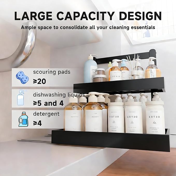 2-Tier Under Sink Pull Out Organizer, Bamboo Cabinet Storage Shelf with Adjustable Height, Slide Out for Kitchen Bathroom Pantry Black