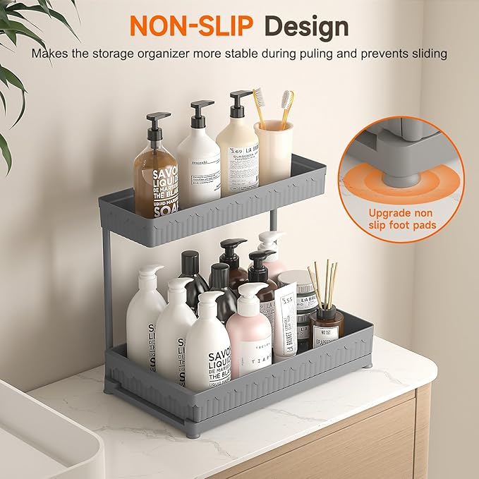 3 Pack Multi-Purpose Under Sink Organizers and Storage, 2026 L-Shaped Pull Out Cabinet Organizer for Bathroom & Kitchen, Under Cabinet Organizer with Hooks Hanging Cup (Grey, 14.85 inch)