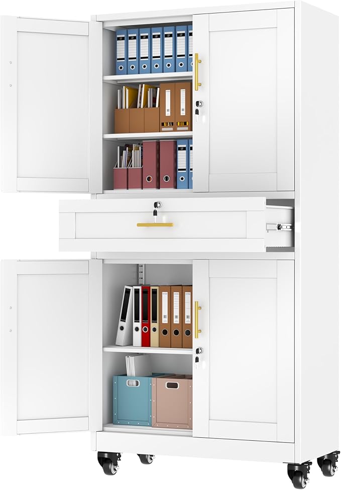 Metal Storage Cabinet with Wheels, 71" Tall Locking Storage Cabinet with 3 Adjustable Shelves, Locking Garage Cabinet, Steel Locker Organizer, for Office, Home, School, White