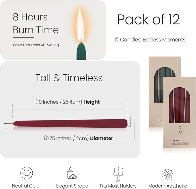 Tapered Dinner Candles - Soy & Paraffin Blend, Dinner Candles with Long-Lasting 7-Hour Burn for Stylish Homes - Candle in Curated Colors Ideal Gift for Hosts, Brides & Event Planners-Red & Green