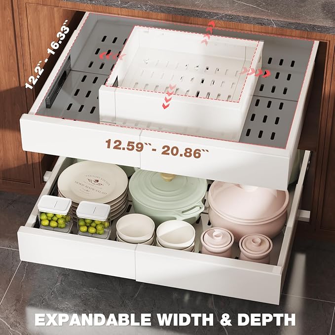 2 Pack Pull Out Cabinet Organizer Expandable Width(13"-21") and Depth(13"-17"),Slide Out Drawers With Raising Pad for Framed Cabinets,No Drill Roll Out Shelves for kitchen,Bathroom,White