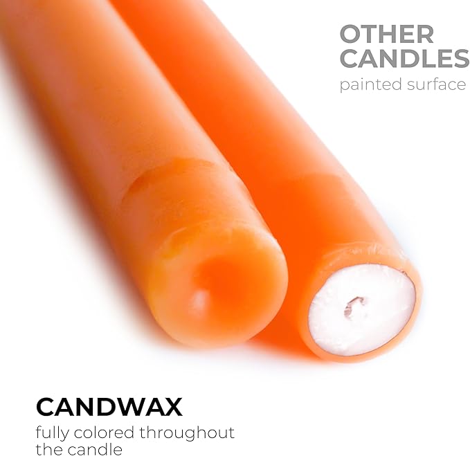 CANDWAX 8 inch Orange Taper Candles Set of 12 — Dripless Unscented Long Burning Candlesticks Perfect for Halloween Party, Thanksgiving Décor or Dinner Centerpiece — Orange Candlesticks