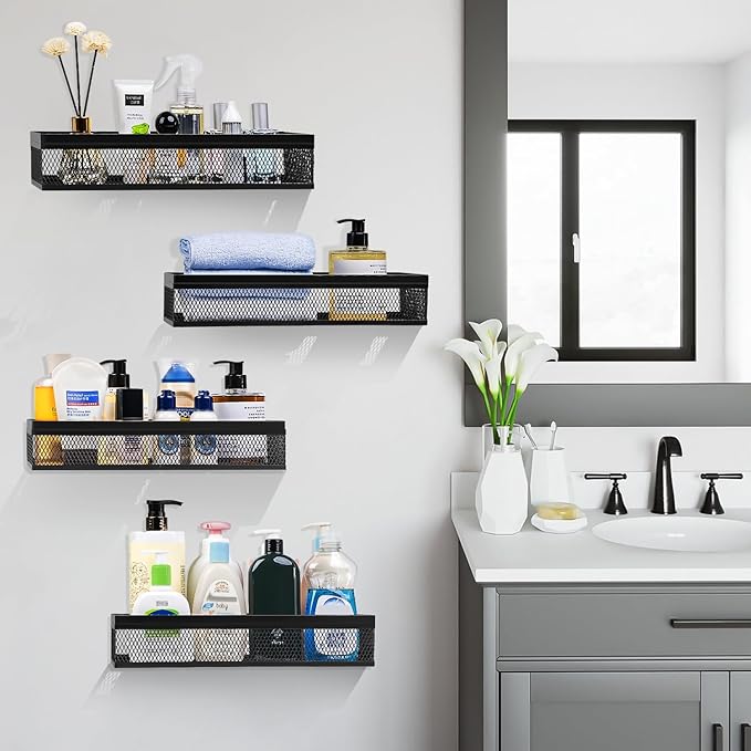 Wetheny Hanging Wall Mount Storage Baskets with Adhesive Hooks & Screwing, Metal Wire Organizer Baskets for Home Decor, Kitchen, Bathroom, Pantry, Laundry, Closet, Garage, RV Black 2 Packs (Netting)
