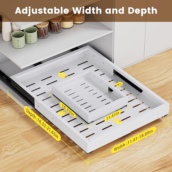 Pull Out Cabinet Organizer, Expandable Width (11.4"-18.9") Depth (16.3"-21.7") Pull out Drawers for Cabinets with 3 Rails, No Drill Adhesive Film or Nail Fixed Slide out Drawers for Kitchen, Pantry