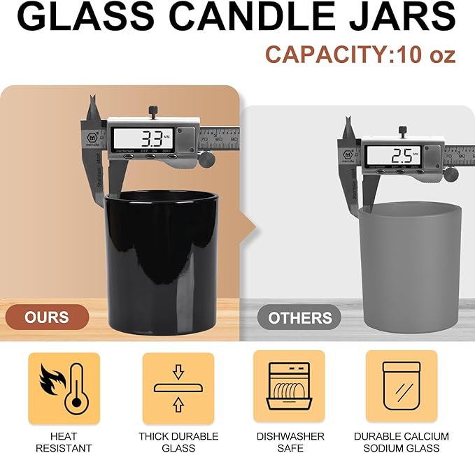 10 OZ Thick Candle Jars for Making Candles 15 Pcs, Empty Jars with Wood Lids for Candle Making, Sample Container, Glossy Black