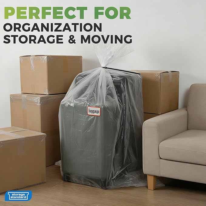 Storage Standard 6-Pack Large Clear Plastic Bags for Storage - Waterproof Extra Large Plastic Bags with Zip Ties, Heavy-Duty Cover for Luggage, Suitcases, Strollers & Travel Gear - 40 x 60 Inches