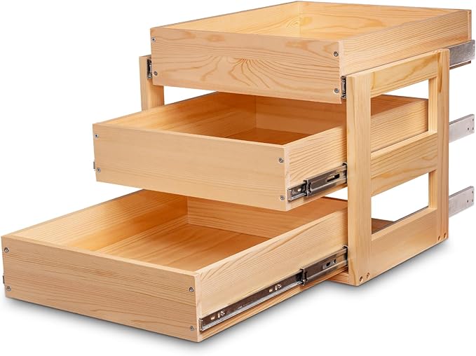 Mulush Pull Out Drawers For Cabinets, 26''W×21''D×19''H Soft Close Slide Out Wood Shelves Storage Organizer for Kitchen, 3-Tier, Finished, Heavy-Duty, Bottom Assembly