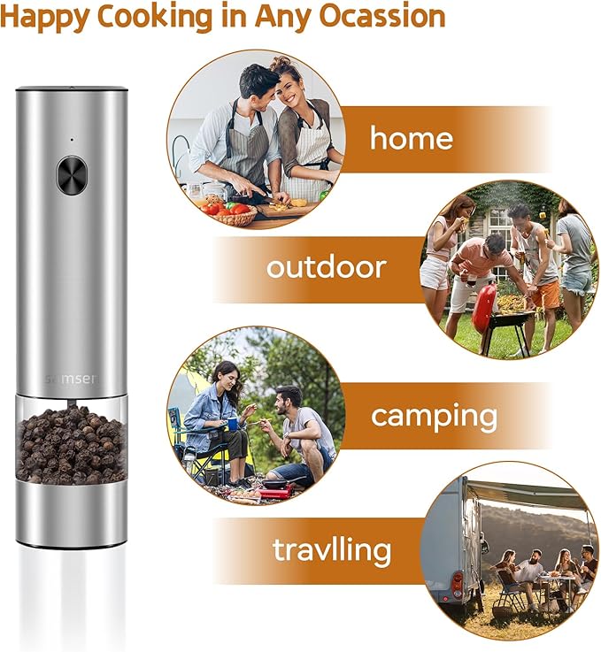 Electric Pepper Grinder & Salt Mill - Battery Operated Stainless Steel Body with Transparent Container LED Light One-Hand Operation Push-Button Switch Adjustable Coarseness Easy Refill & Clean