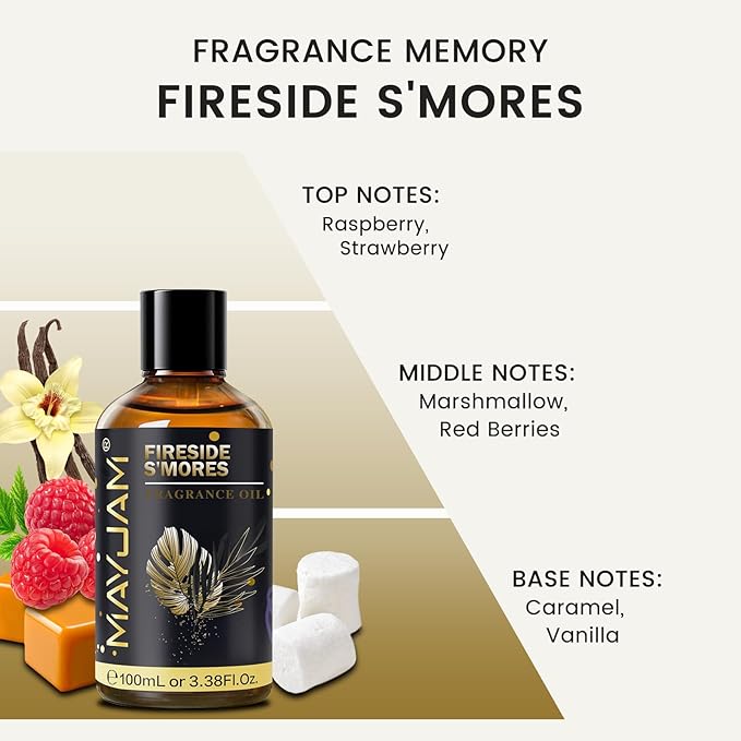 Fireside S'Mores Fragrance Oil Essential Oil, MAYJAM 3.38FL.OZ Fireside S'Mores Oil for Diffusers for Home, Long Lasting Scented Oils for Soap Candle Making - 100ML