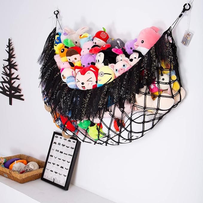 Large Stuffed Animal Hammock with Light Wall Mounted- Squishmallow Hammock Plushies Net Stuff Toy Organizer Boho Macrame Toy Hammock Corner Hanging Net for Nursery Storage Bedroom Playroom Decor-Black