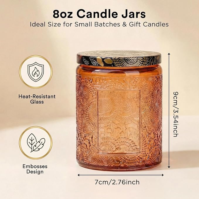 LumaCraft Luxury Embossed Glass Candle Jars for Making Candles - 12 Pack Empty Candle Containers with Airtight Metal Lids, 20 Wicks & 20 Stickers, Colored Glass Jars for Gifts & Decor-8OZ