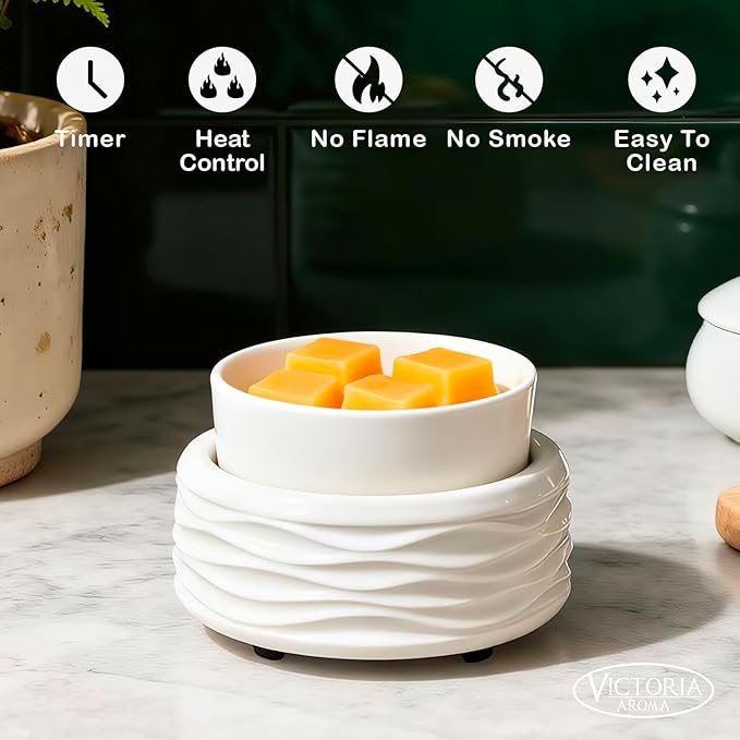 VICTORIA AROMA Ceramic Wax Melt Warmer for Scented Wax, Electric Wax Warmer with Timer, Oil Burner & Candle Melter, Adjustable Heat & Auto Shut-Off, Home Office Decor Gift（White）