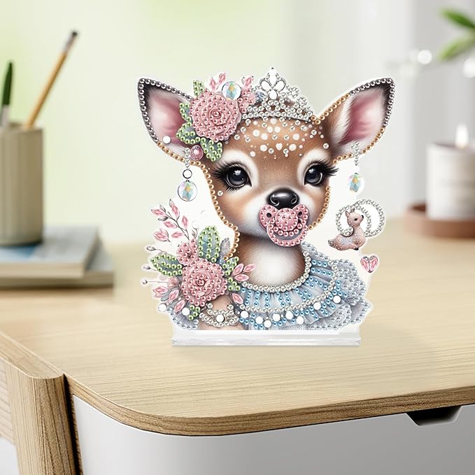 antor DIY Diamond Painting Desktop Ornament Kit, Acrylic Tabletop Diamond Art Decoration, Special Shape Diamond Painting Figurine Ornaments DIY Crafts Gift, Deer with Pink Rose Crown