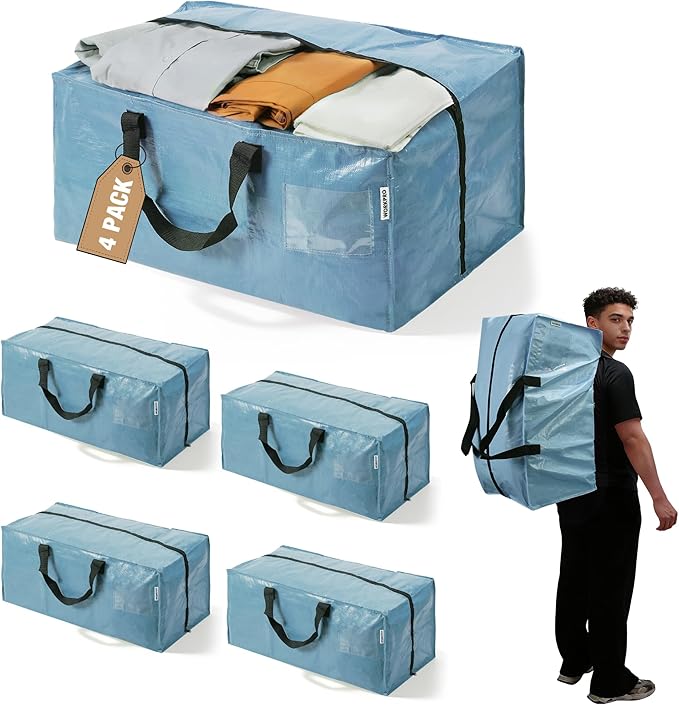 WORKPRO 4 Pack Extra Large Moving Bags with Zippers & Carrying Handles Backpack Straps, Heavy-Duty Storage Tote for Space Saving & Storage, Alternative to Moving Box (Dusty Blue)