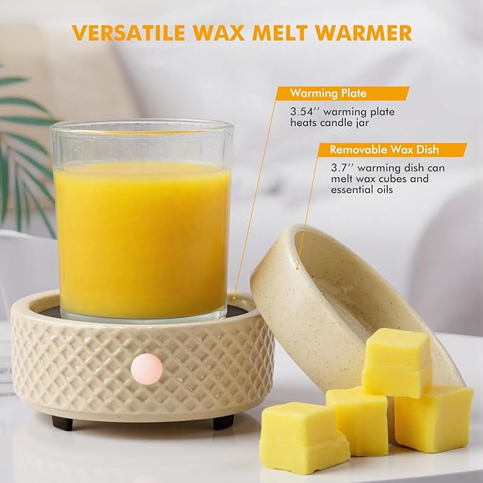 Wax Melt Burner Warmer with Timer Ceramic 4-in-1 Electric Candle Warmer Auto Shut-Off for Scented Wax Melts, Candle Jars, Essential Oil, Coffee Cup Warmer Home Decor Fragrance Gifts for Women - Beige