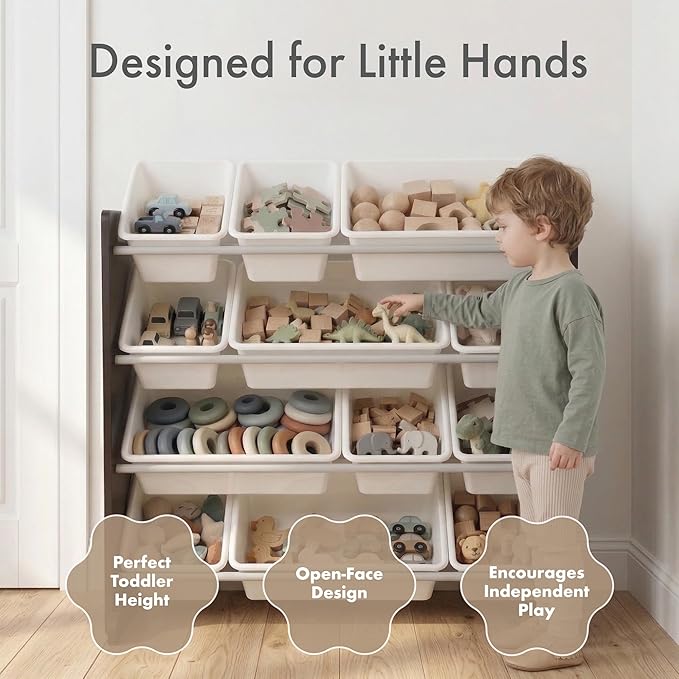 Humble Crew Kids Toy Storage Organizer with 12 Plastic Bins, Espresso/White – Removable Bins for Playroom, Bedroom, Toddler Furniture for Boys and Girls Ages