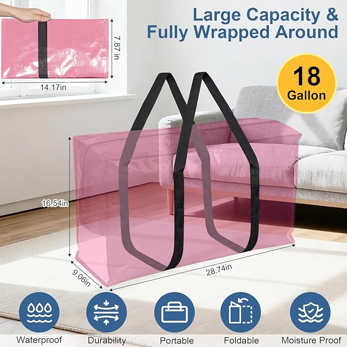 6PcsExtra Large Heavy Duty Moving Bags with Reinforced Zippers & Handles, 67L Waterproof Storage Tote Bag Bins Alternative to Box Moving Supplies Space Saving for Travel College Dorm Essentials Pink