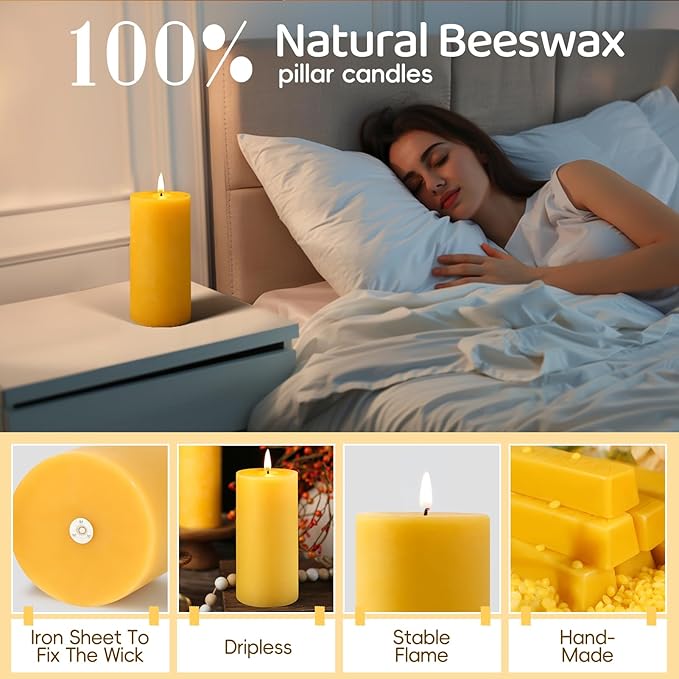 Natural Beeswax Pillar Candles,100% Pure Beeswax Candles-190 Hours Long Burning,Unscented Bees Wax Candles for Home,Prayer,Emergency,Dripless Smokeless Organic Pillar Candles Bluk-2.8x6in-2pack