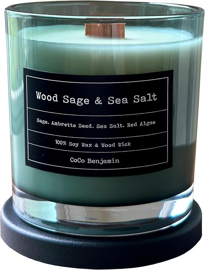 100% Soy, Highly Scented, Hand Poured Soy Candle (Wood Sage & Sea Salt (Wooden Wick))