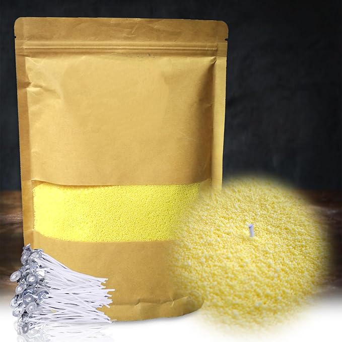 DRMAISON Pearled Candle Wax Sand DIY Kit - 35.3 oz, Cream Yellow, Non-Toxic&Smoke-Free, Refillable with 60 Wicks, Long-Lasting Flame, Highly Customizable for Wedding, Party&Holiday Decor
