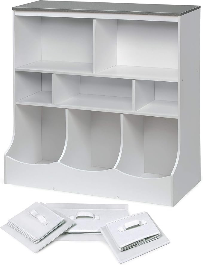 Badger Basket Combo Toy Storage Organizer and Bookshelf - Kids Storage Unit with 3 Removable Baskets, Open Shelves, Top Display Surface - White/Gray
