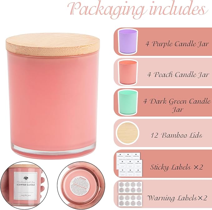 CONNOO 12 Pack 10 OZ Colorful Glass Candle Jars for Making Candles with Airtight Bamboo Lids Nice Sticky Warning Labels for Candle Making Empty Container Bulk - Dishwasher Safe