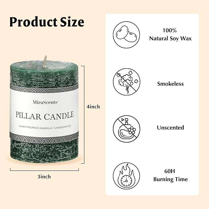 3x4 Inch Dark Green Pillar Candles Set of 3 - Hand-Poured Unscented Candles, Long Clean Burning, Dusty Sage Candle, Smokeless Dripless Candle for Dinner Table, Wedding, Home, Rustic Decor