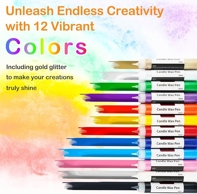 VVF Candle Wax Pen Set – 12 Vibrant Colors with Glitter Pens for Fun DIY Candle Painting Kit, Candle Making, Crafts, Holiday & Party Decorations