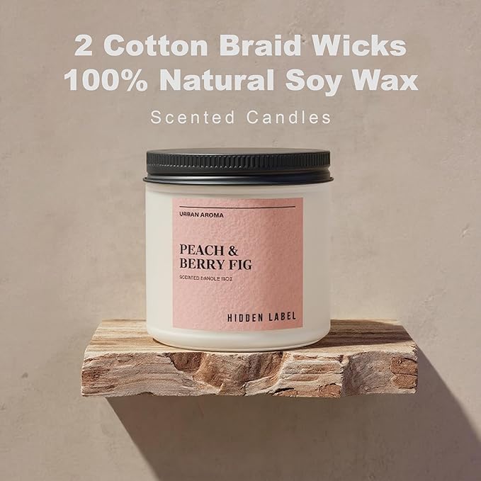 Hidden Label Peach Berry Fig Scented Candle, 12oz Natural Soy Wax, 2 Wick Aromatherapy for Home, 70hours Non Toxic, Clean Burn, Long Lasting, Premium Scents for Relaxation & Stress Relief,Gifts